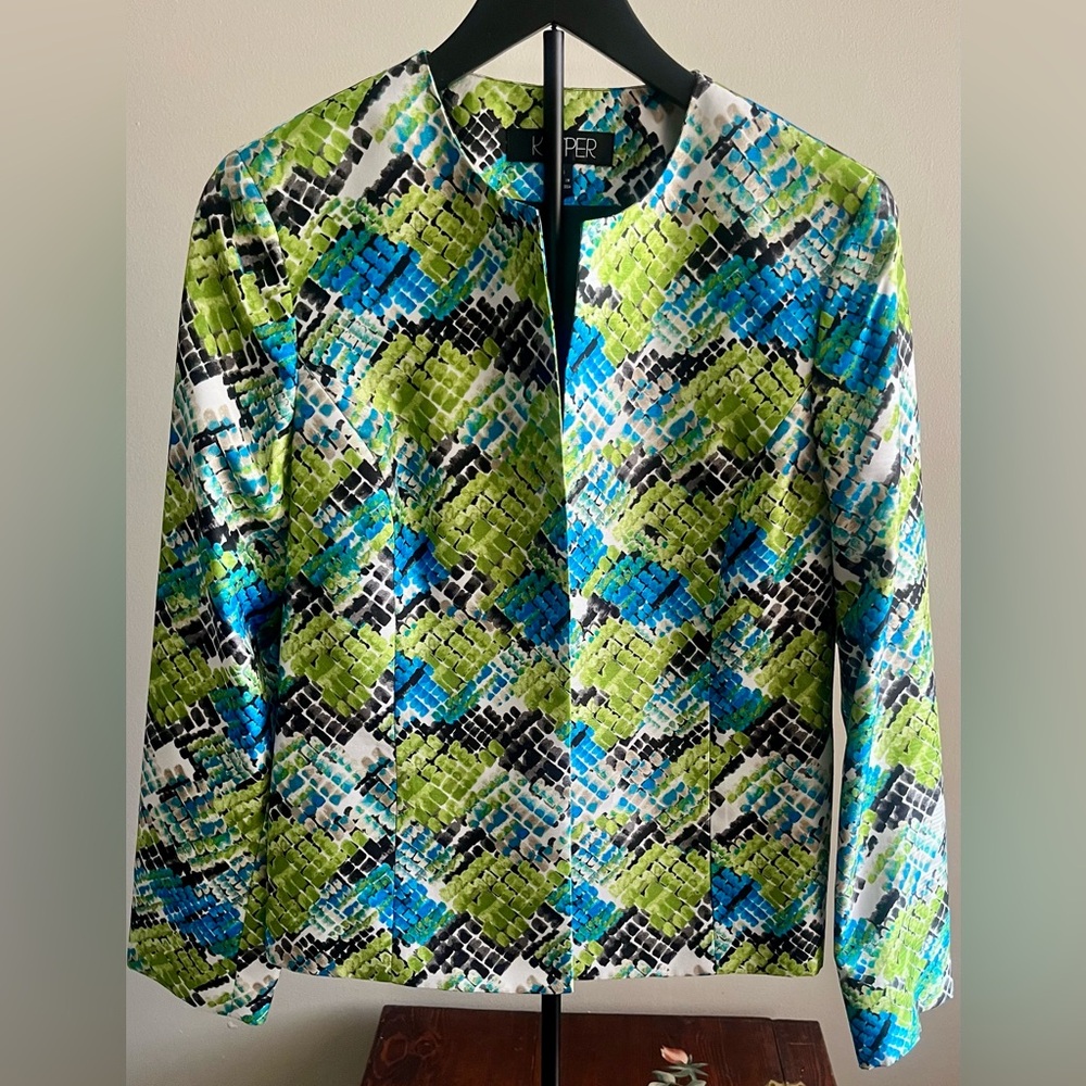 Kasper Snake Skin‎ Suit Open Jacket Blue Green Black Long Sleeve Shoulder Pads